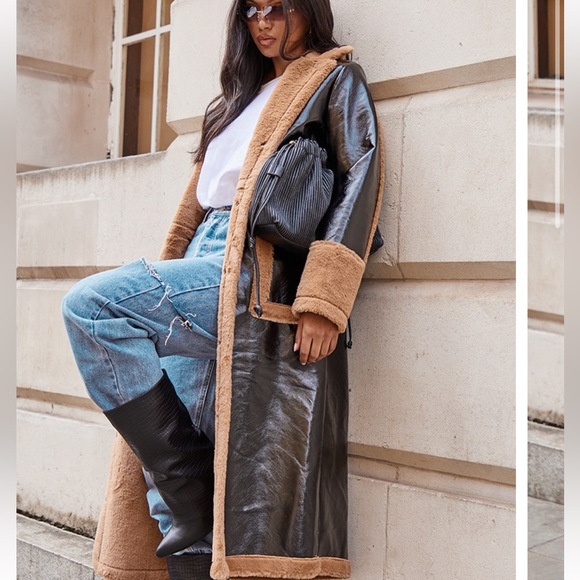 Pretty Little Thing Black Vinyl Maxi Contrast Faux Fur Coat - Picture 3 of 4